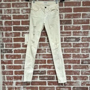 Frame Denim Le Skinny De Jeanne White Distressed Skinny Jeans Size 0 fair cond